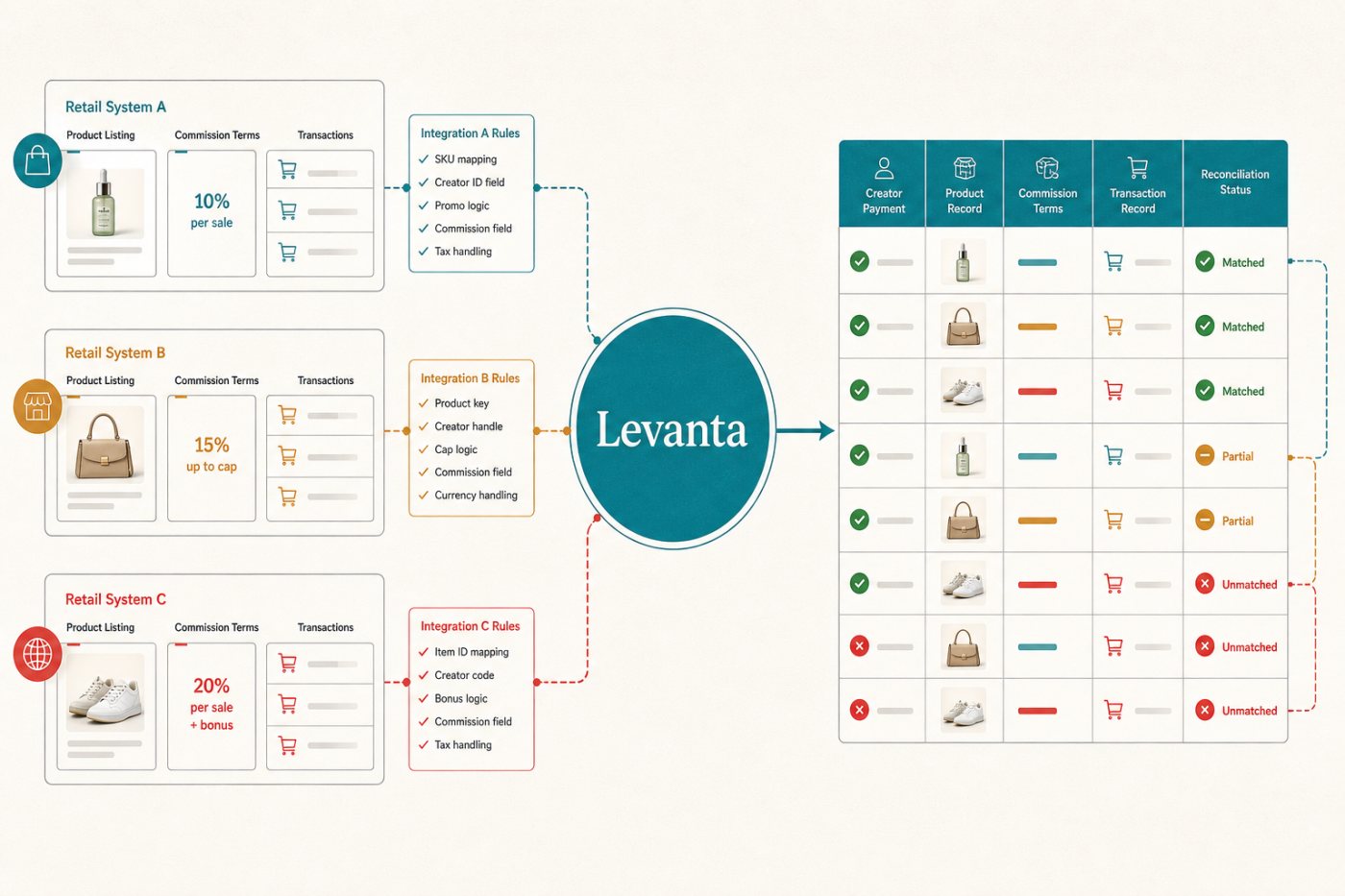 Levanta reconciles differing marketplace transactions, commissions and creator payments into one measurable workflow.