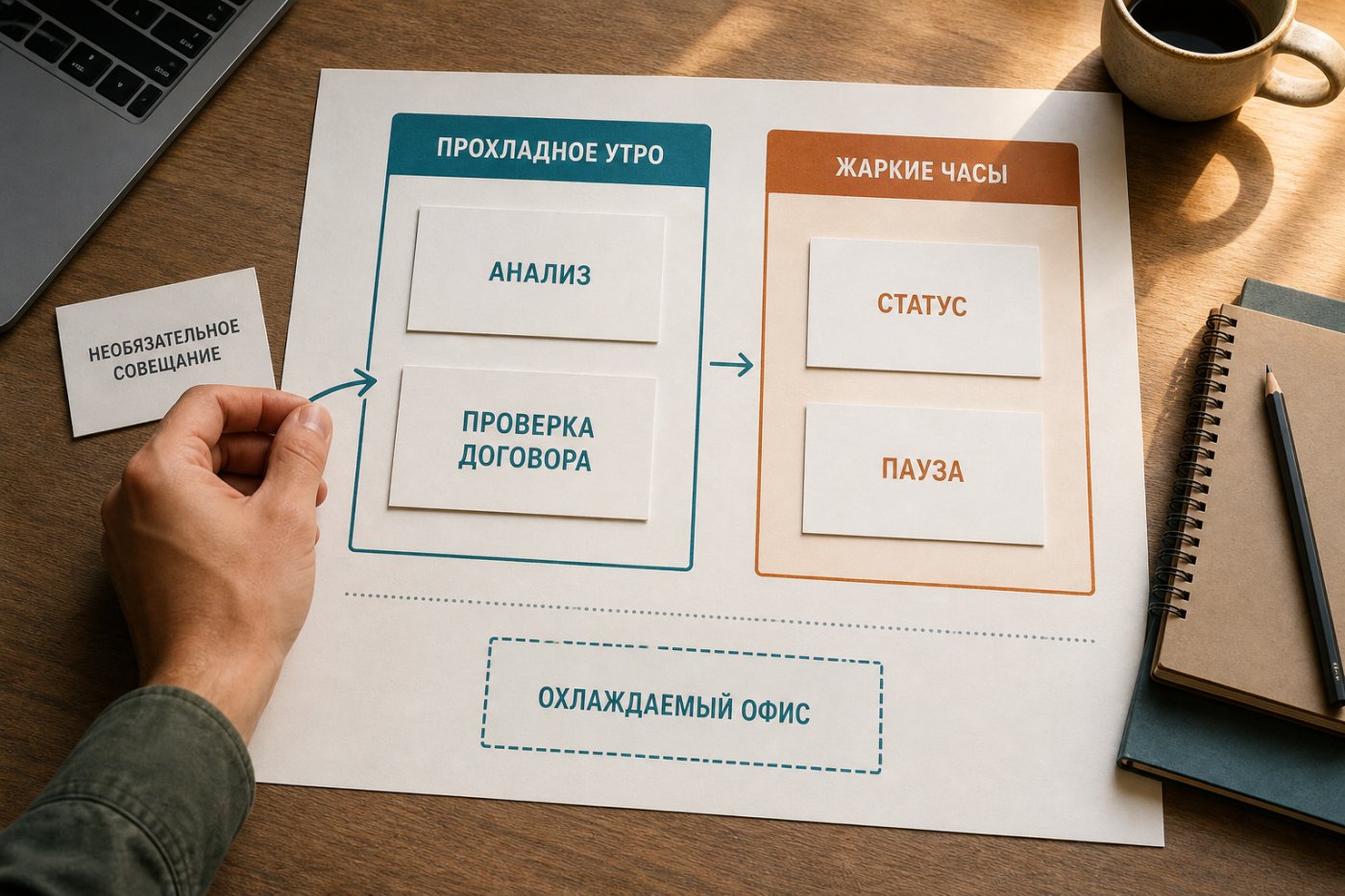 Сложные задачи перенесены на прохладное утро, а рутинная работа и необязательные встречи — с жарких часов.
