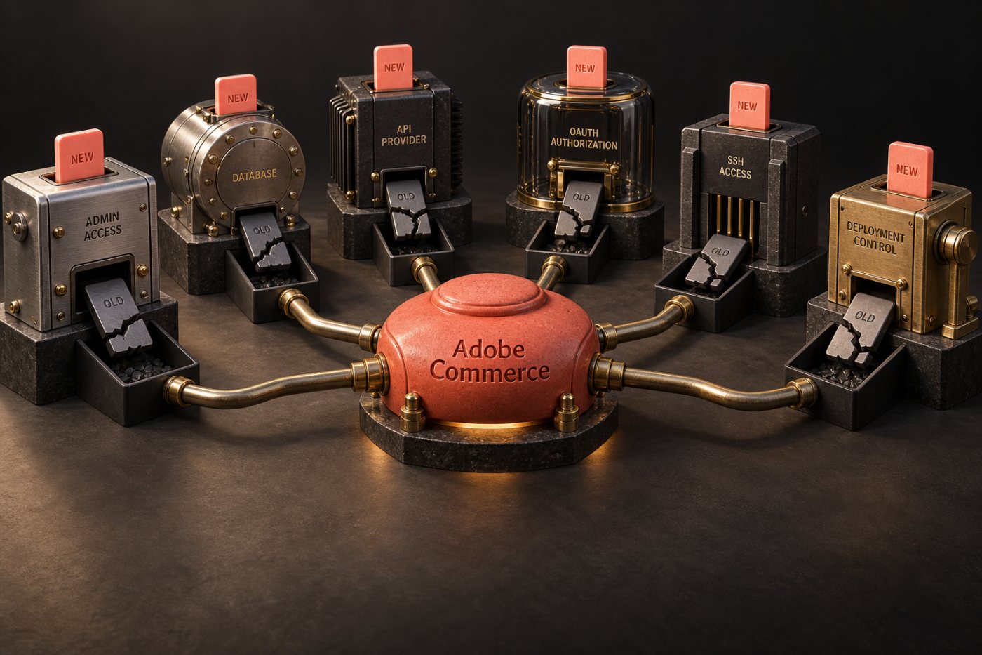 Adobe Commerce-related passwords, tokens and keys are revoked and replaced at their issuing systems after possible exposure.