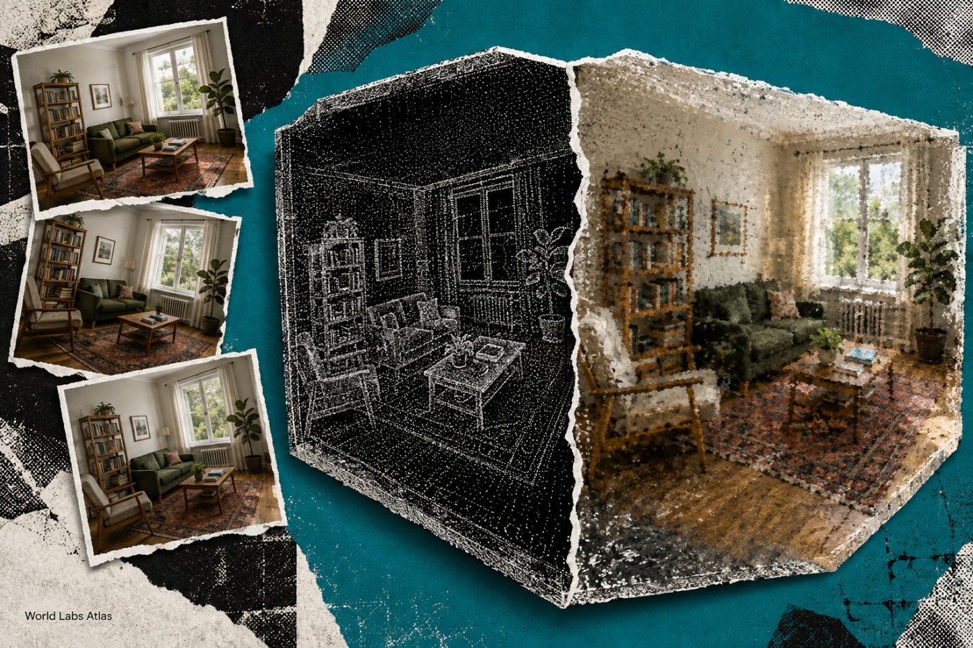 একাধিক ছবি থেকে Atlas-এর point cloud ও Gaussian splat ফল
