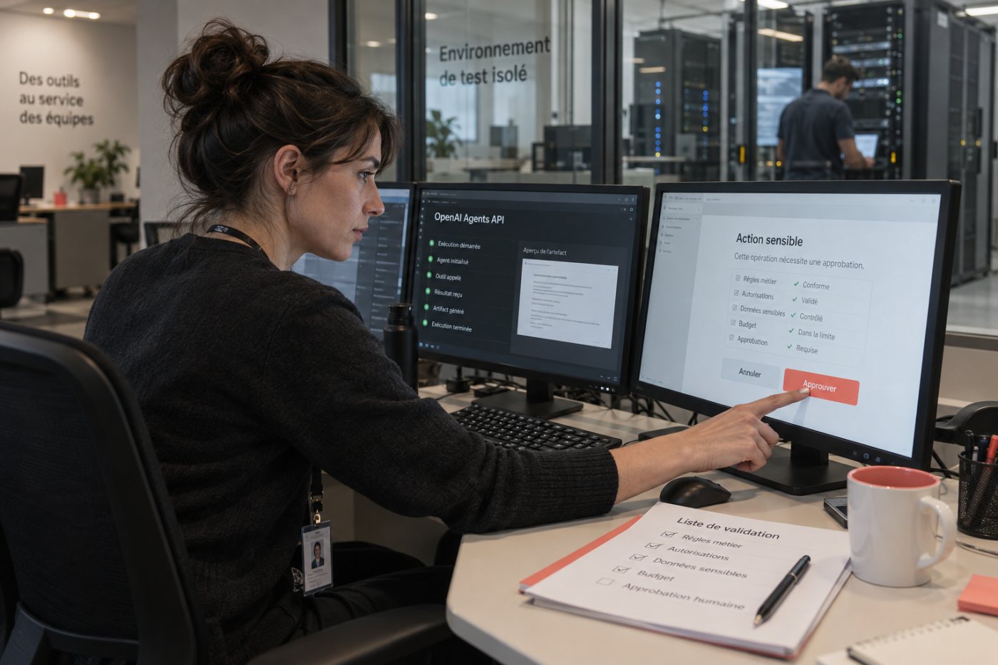 L’Agents API exécute la boucle managée entre les outils autorisés et le bac à sable, tandis que le client garde les validations.