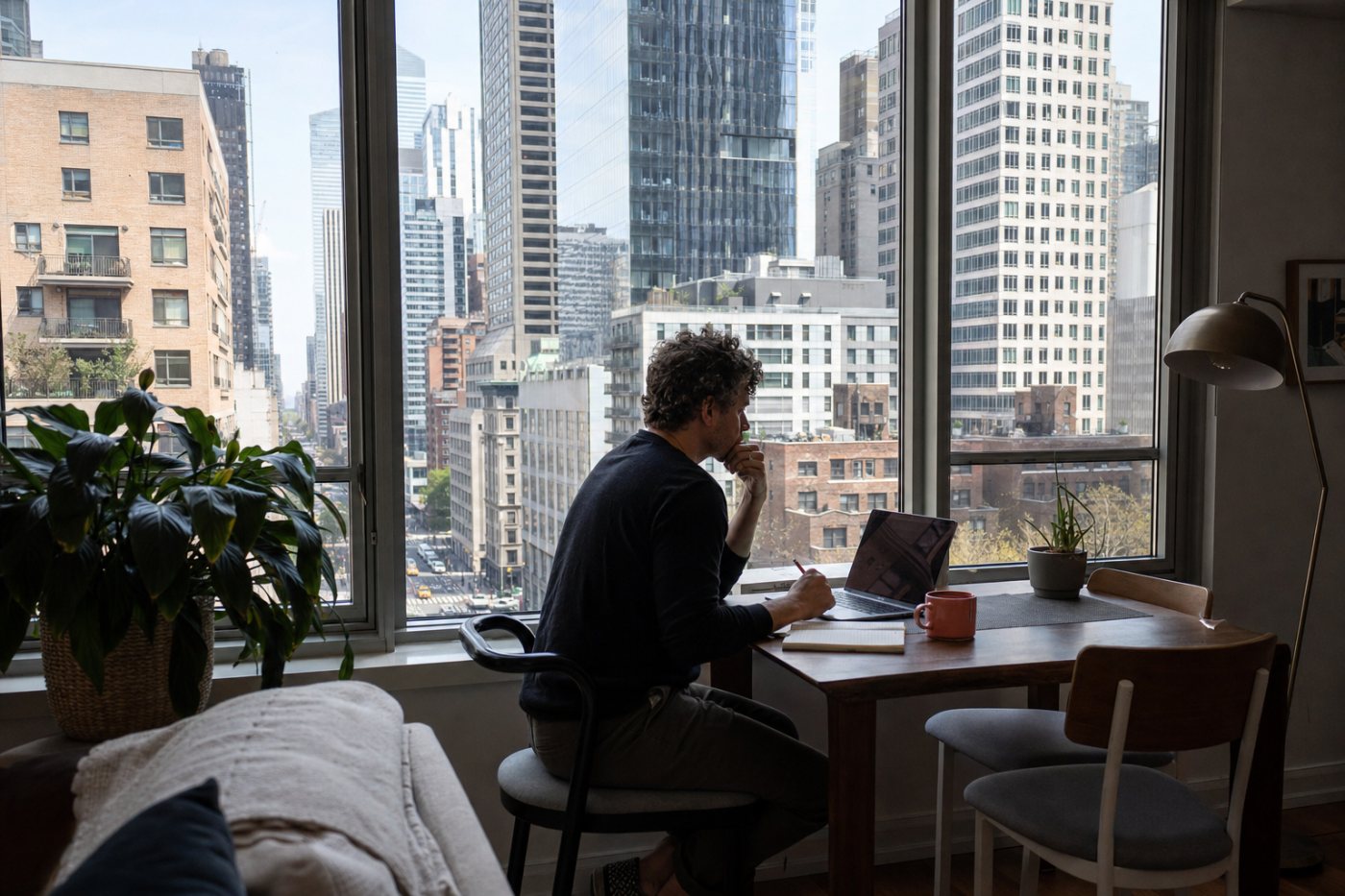 A New York hybrid worker works from home near both the residence and workplace concentrations of the central business district.