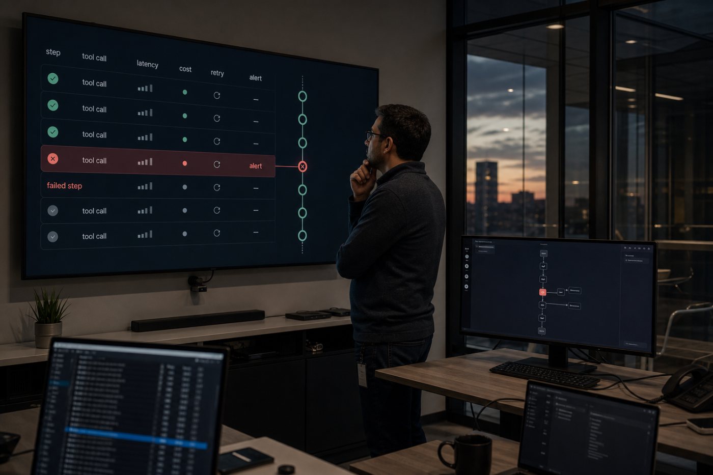 مهندس تشغيل يتتبع خطوات وكيل AI ويعزل موضع الفشل قبل استئناف الخدمة.