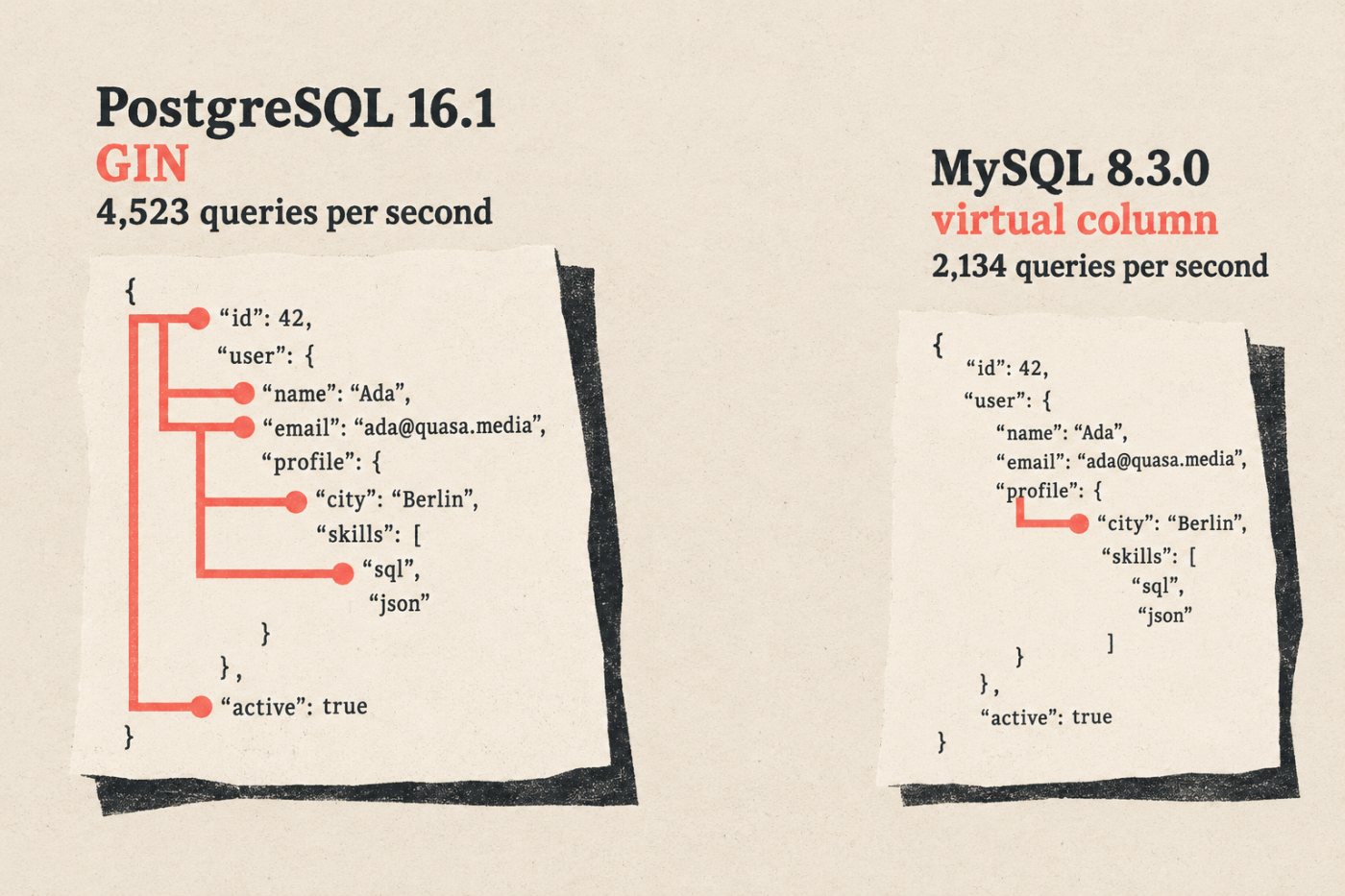 Οι διαμορφώσεις PostgreSQL με GIN και MySQL με εικονική στήλη στη δημοσιευμένη δοκιμή ερωτημάτων JSON.