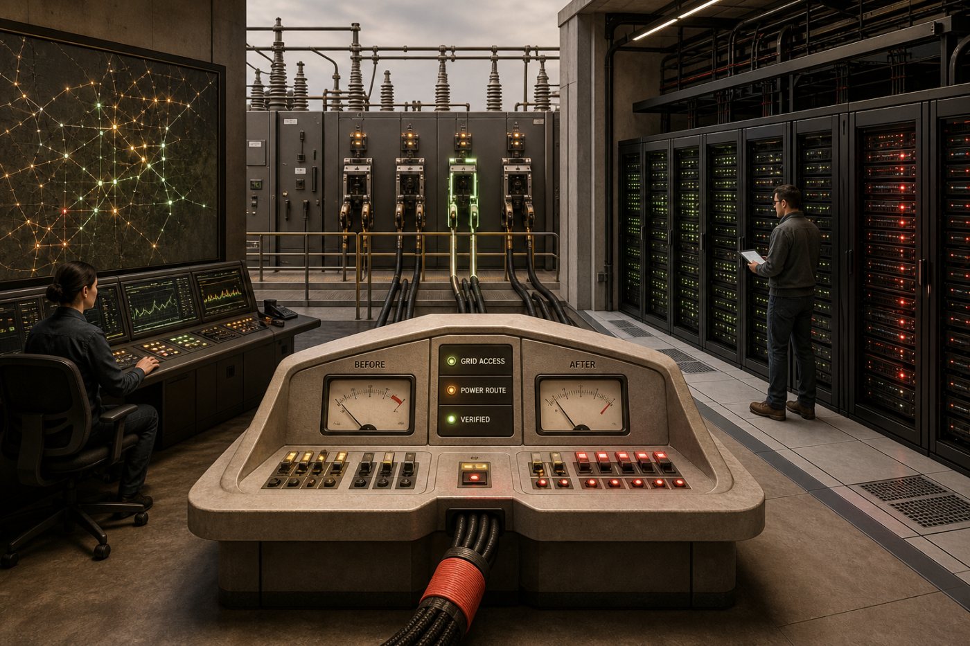 A utility and AI data-center operator coordinate verified power flexibility in exchange for greater grid access.