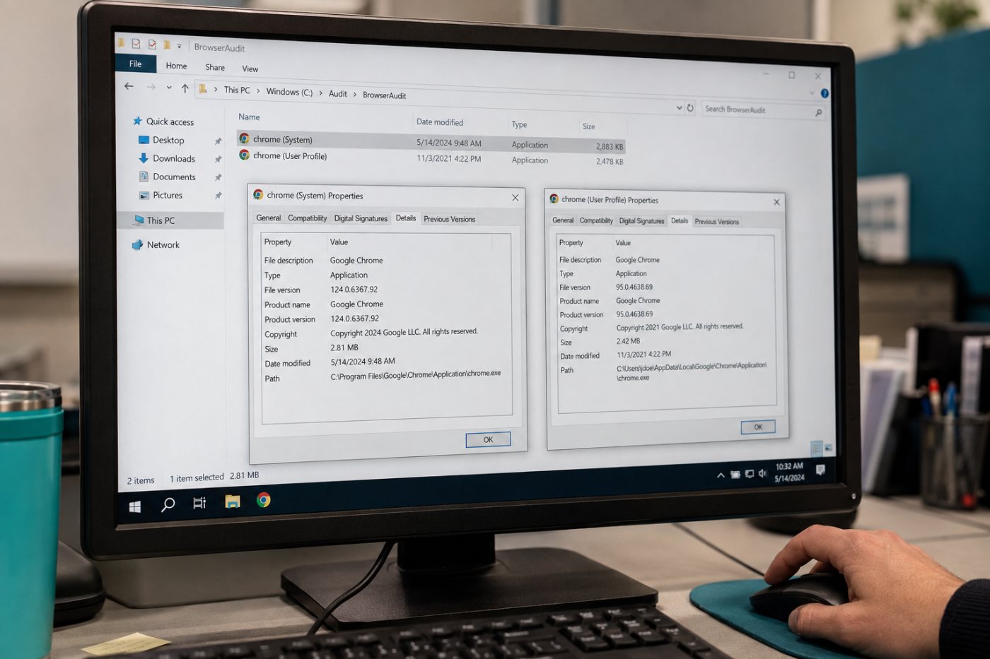 Audit of machine-wide and per-user Chrome installations reveals different versions on one Windows endpoint.