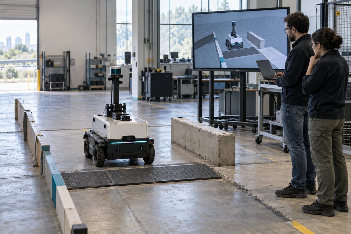 Ciclo real-to-sim-to-real usa dados da máquina, testa uma alteração na simulação e confere o resultado no hardware.