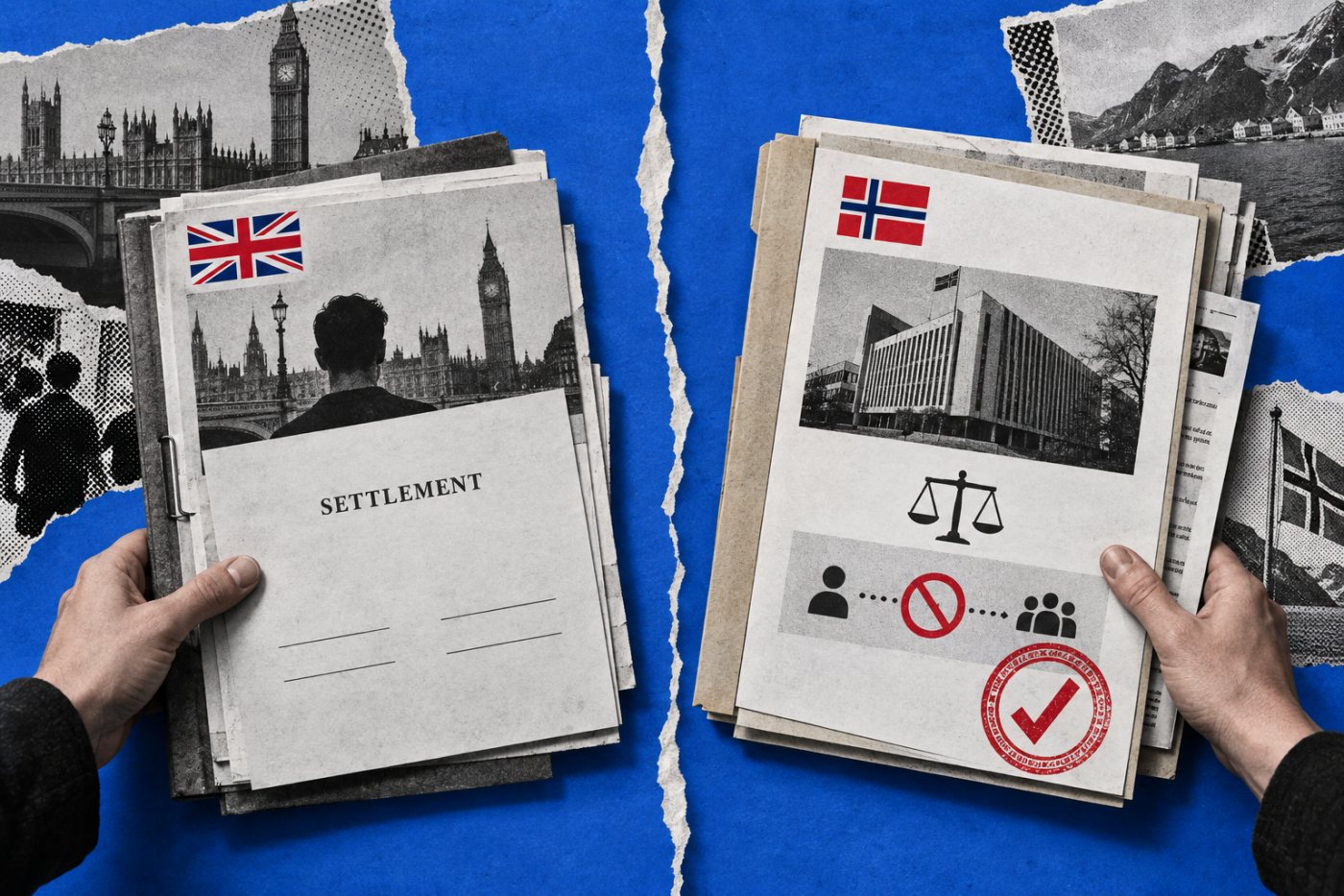 Der britische Vergleich ohne Haftungsfeststellung und die rechtskräftige norwegische Datenschutzentscheidung werden als getrennte Verfahren gegenübergestellt.
