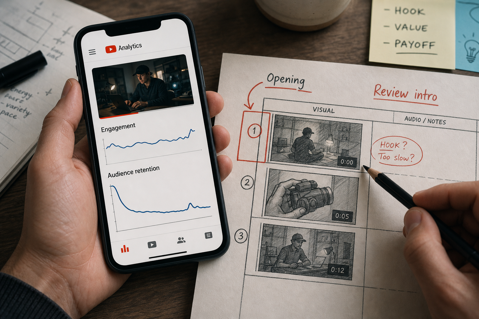 YouTube video analytics connecting engagement results with an audience-retention drop in the opening