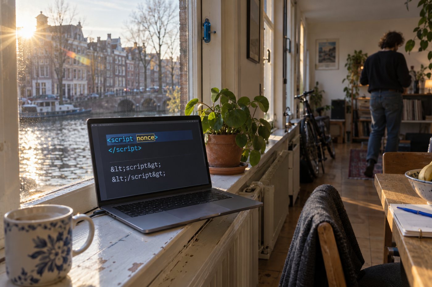 Een vertrouwd script-element krijgt via het HTML-sjabloon een nonce; ingevoegde gebruikersinhoud krijgt die niet.