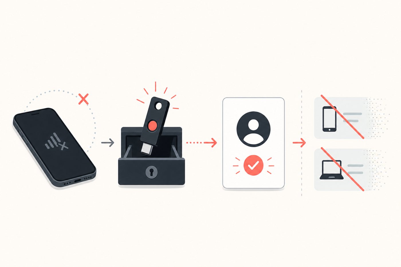 Account recovery with a separate hardware security key followed by revocation of a lost device