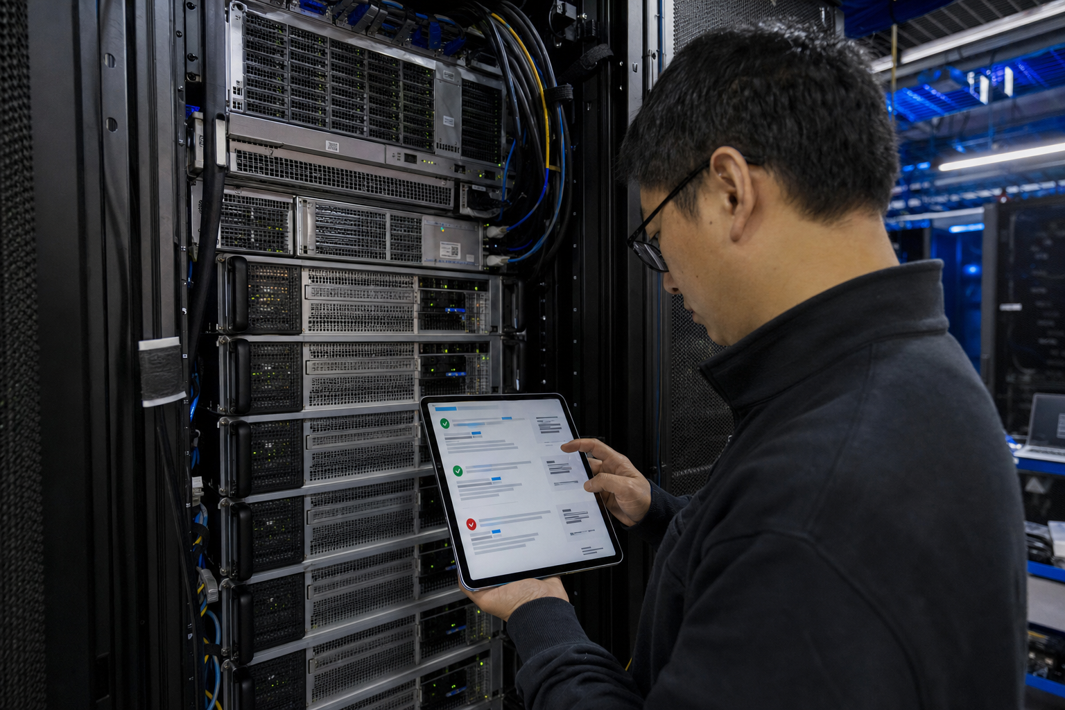 Investor reviewing AI-server demand evidence beside live hardware