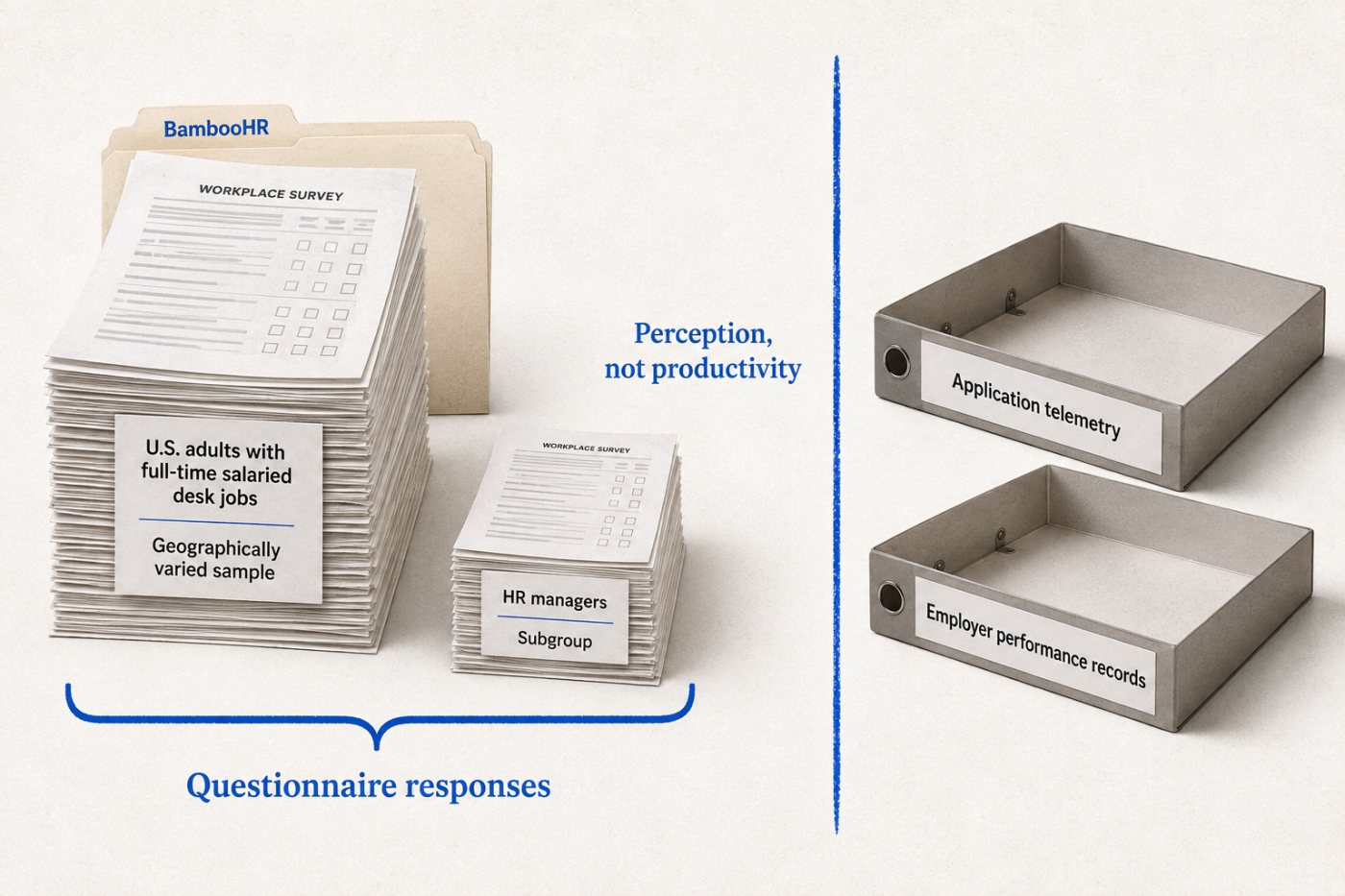 The BambooHR study’s 1,608 U.S. desk-worker responses shown as survey evidence rather than observed productivity logs.