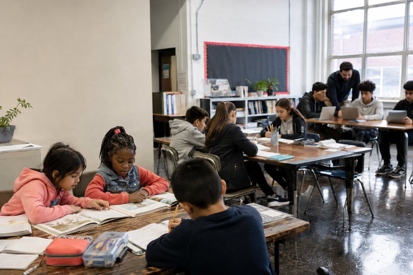 New Yorker Schüler verschiedener Jahrgangsstufen arbeiten unter abgestuften Regeln für KI und individuelle Bildschirmzeit.