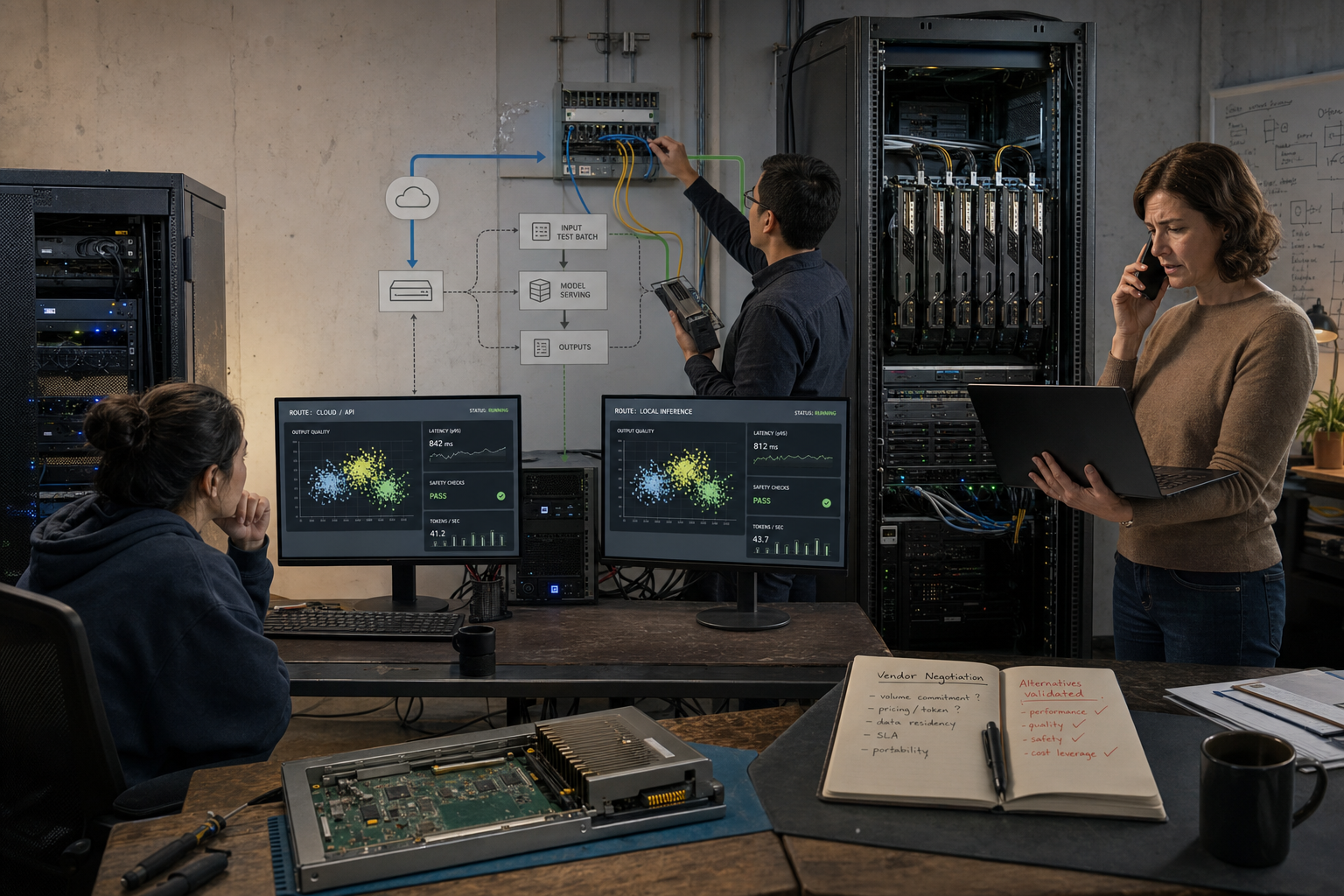 Engineers compare a managed AI API with a self-hosted open-weight model for cost, latency, data control and portability.