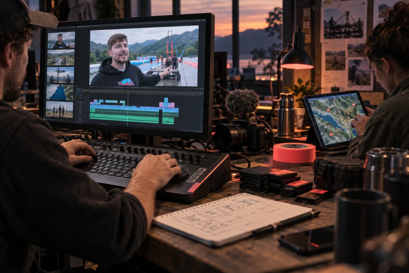 Produção humana de um desafio de MrBeast separa roteiro, filmagem e edição do apoio logístico do Gemini.