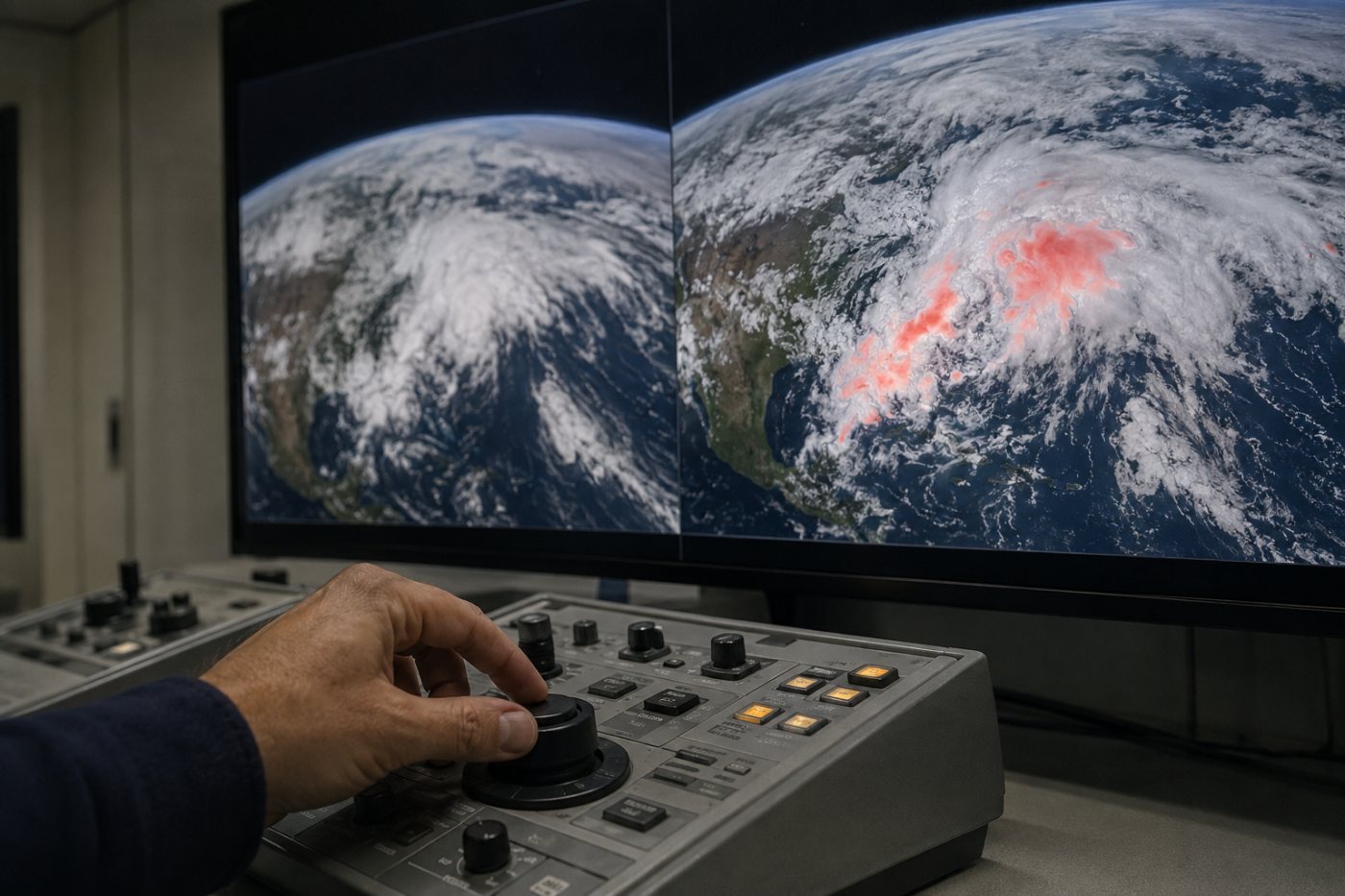 Satélite geoestacionário acompanha a evolução recente de nuvens que alimentam uma nova previsão horária.