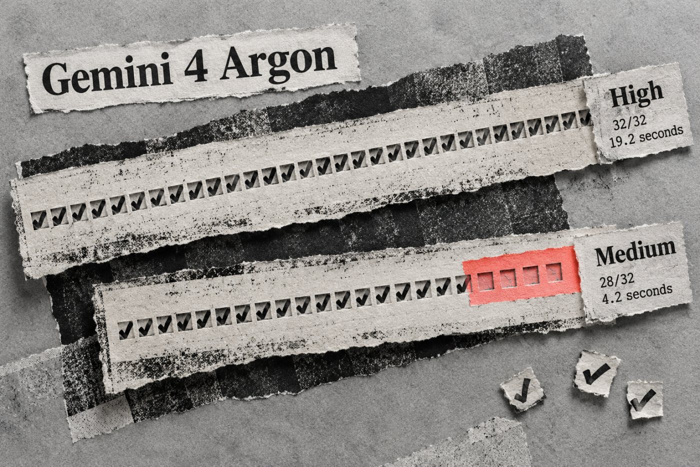 În testul Gemini 4 Argon, High trece toate cele 32 de verificări, iar Medium răspunde mai repede, dar trece 28.
