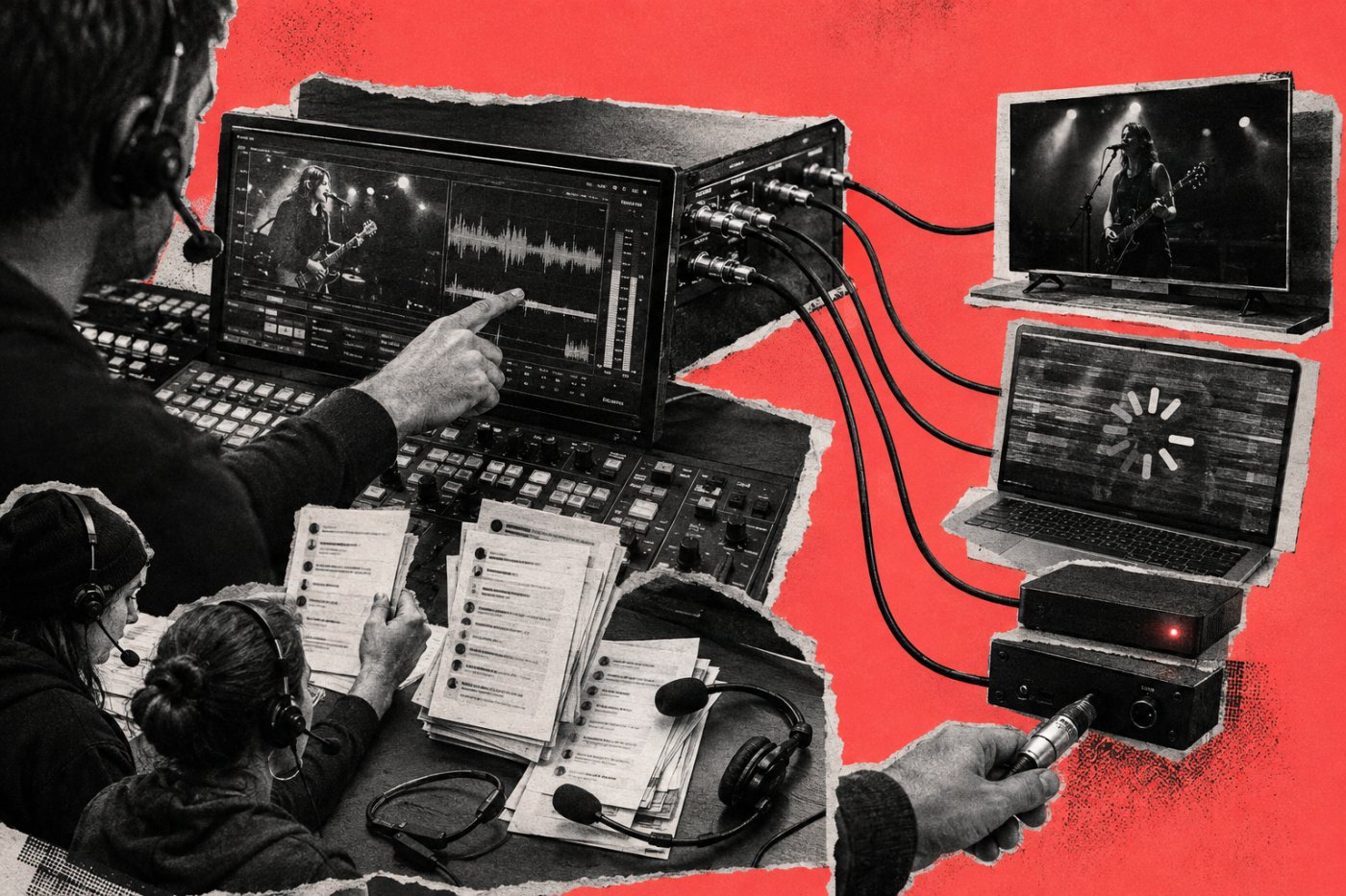 Equipe monitora uma única live distribuída a vários destinos com filas separadas de moderação e controle.