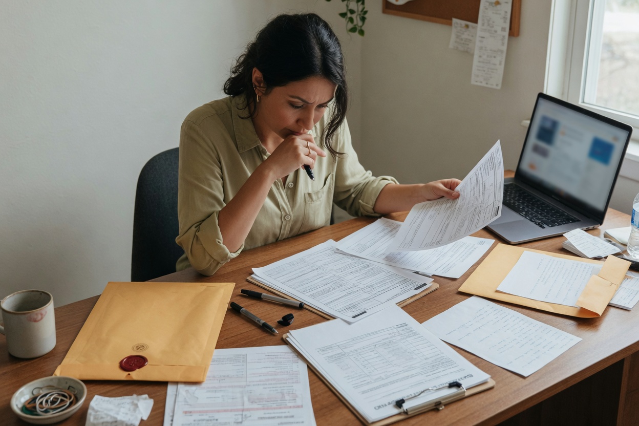 Creator reviewing documents for Pinterest and Amazon account linking on a desk