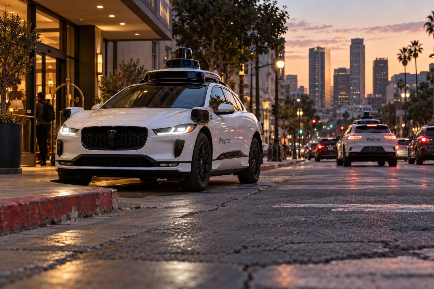 Waymo-ს ავტონომიური ტაქსი მოქმედ ქალაქში მგზავრის ასაყვანად ჩერდება; კომპანია სერვისის გაფართოებას აფინანსებს.