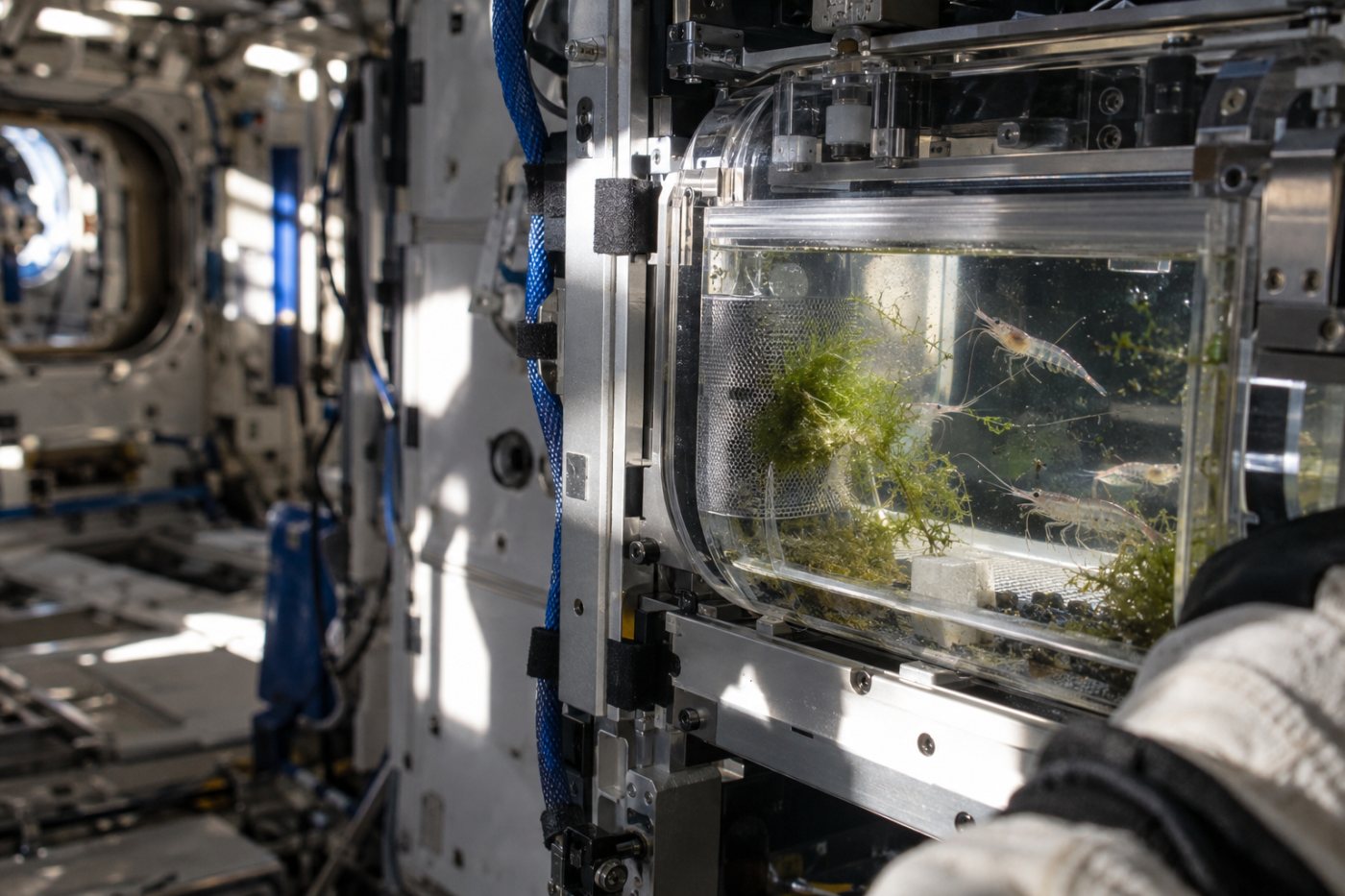 L’habitat fermé de SCAMPI réunit crevettes et algues pour l’étude de leurs interactions en microgravité.
