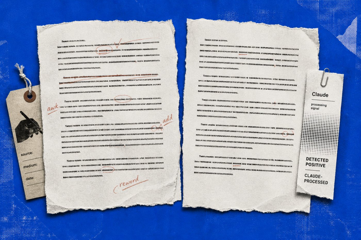 A human-written draft and Claude-proofread output show minor corrections alongside evidence of Claude processing, without an authorship finding.