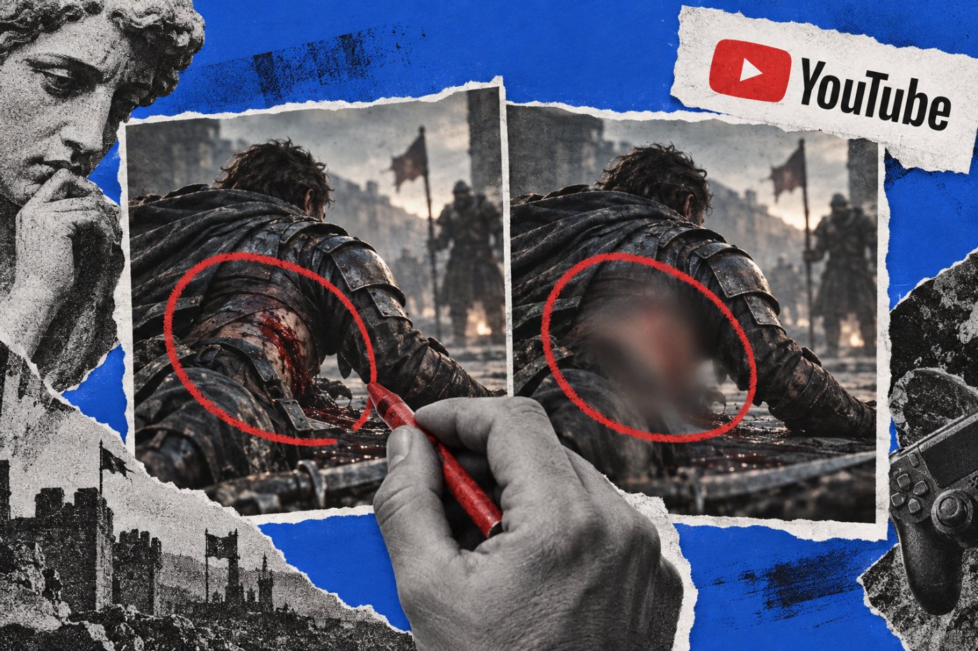 Una escena gráfica de videojuego se compara con su versión totalmente desenfocada durante la revisión publicitaria.