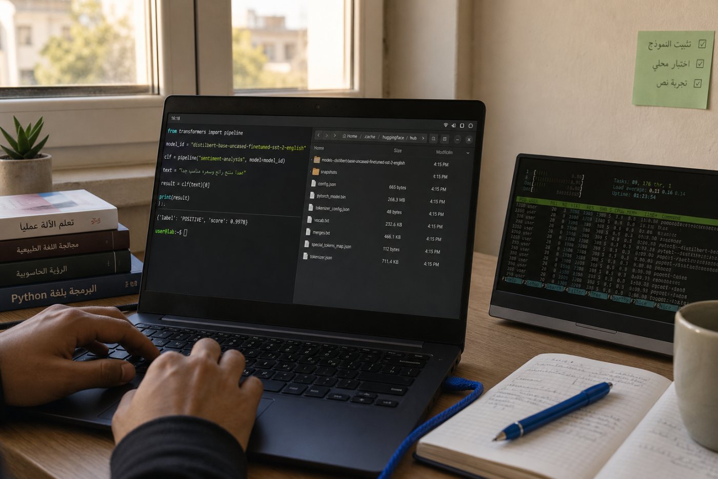 بيئة Python تشغّل نموذجاً من Hugging Face عبر pipeline قصيرة وتعرض نتيجة تصنيف محلية ناجحة.