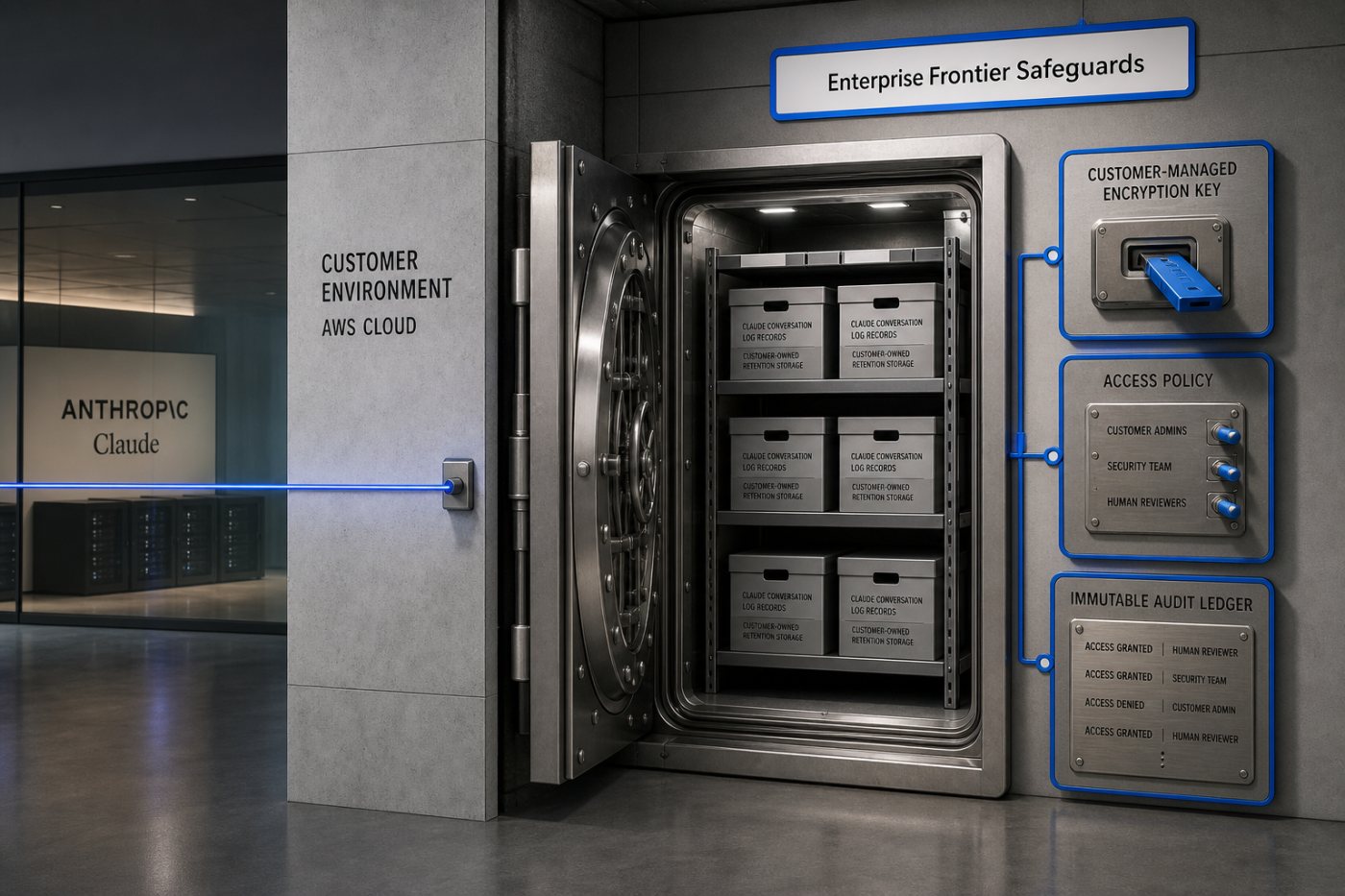 Enterprise Frontier Safeguardsの監視ログを顧客のAWS環境に保存し、自社の暗号鍵とアクセス方針で管理する構成