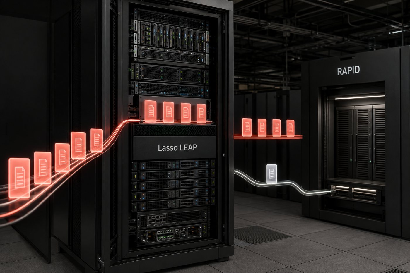 Lasso LEAP resolves routine AI inspections on CPU infrastructure while a complex policy decision is escalated to RAPID.
