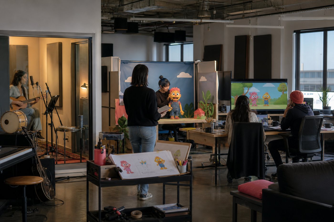 El equipo interno de Super Simple Songs desarrolla una canción mediante música, títeres y animación en su estudio de Toronto.