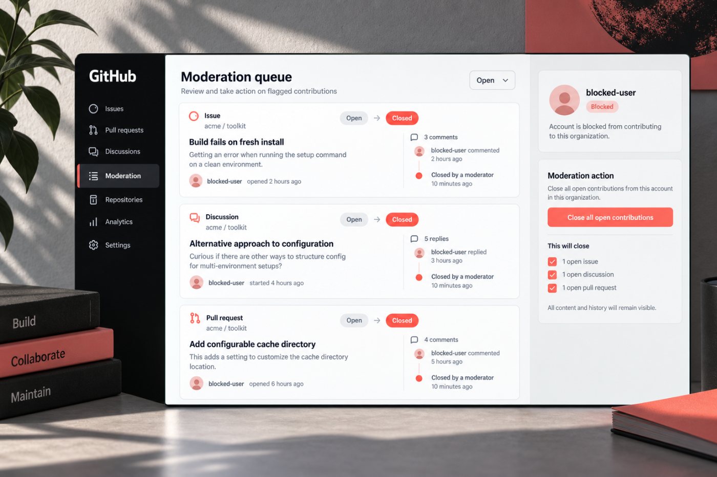 GitHub’da engellenen hesabın açık issue, discussion ve pull request’lerinin içerikleri korunarak kapatılması