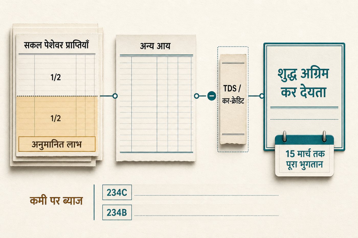 सकल प्राप्तियों से अनुमानित आय निकालकर टीडीएस घटाने के बाद वास्तविक अग्रिम कर की गणना