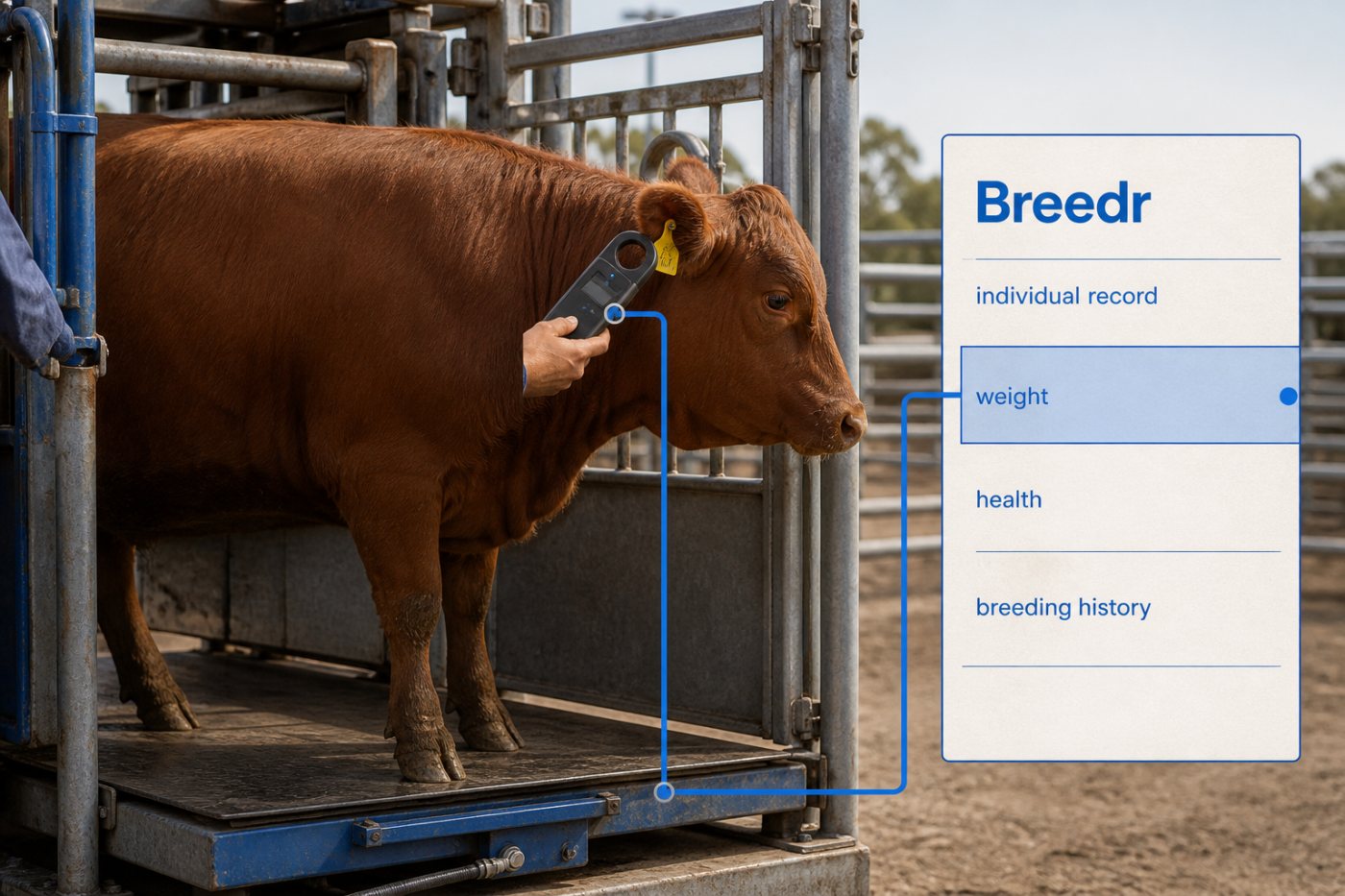 Electronic identification and weighing update an individual animal’s Breedr performance record.