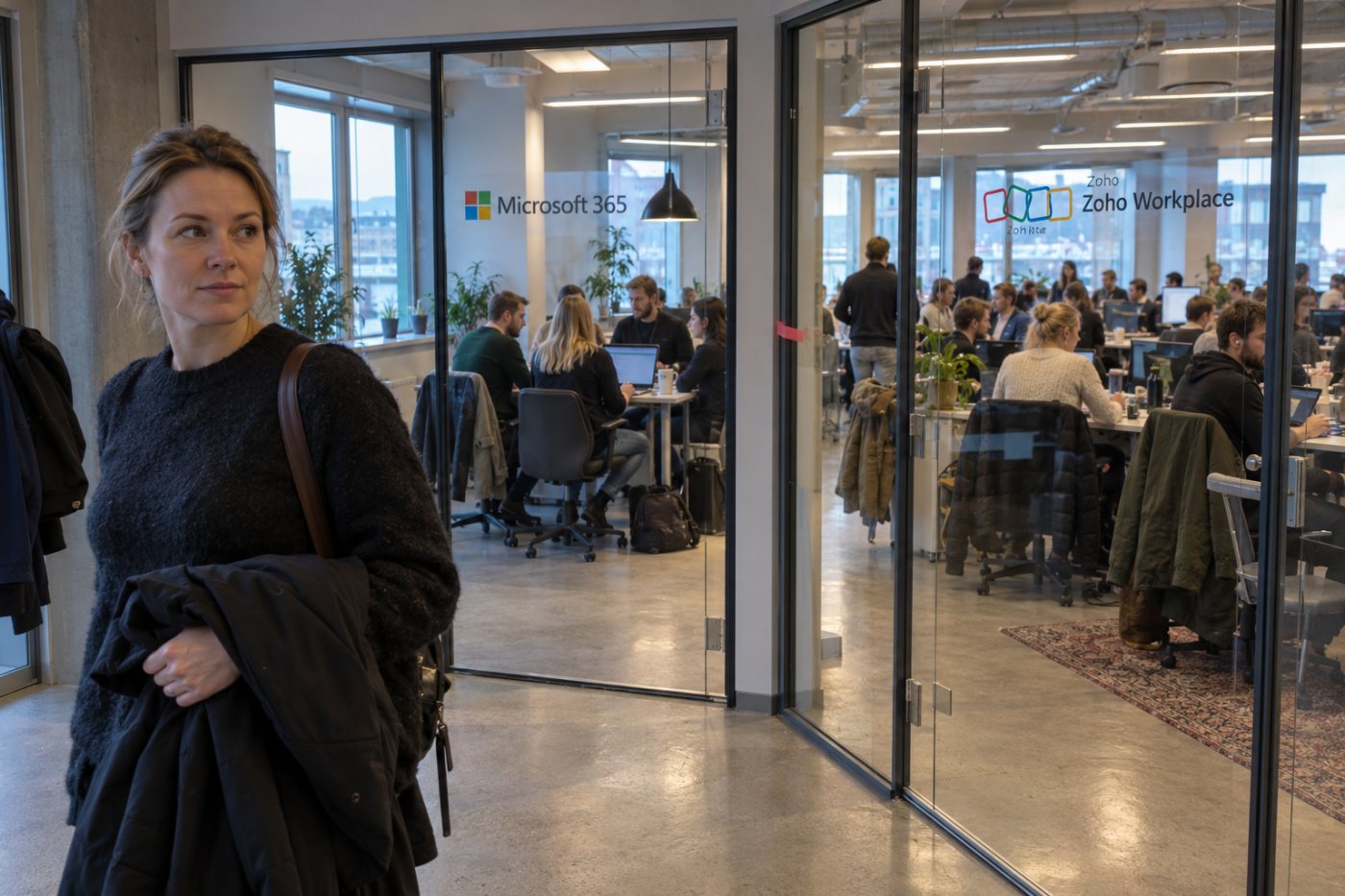 Lisenskostnaden for Microsoft 365 og Zoho Workplace vist for fem og 25 brukere i hver sin oppgitte valuta.