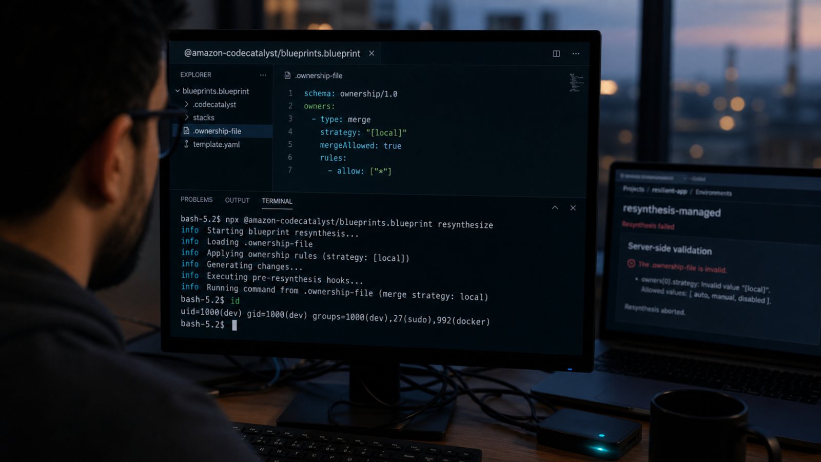 Blueprint do CodeCatalyst executa comandos — só o pacote exige ação