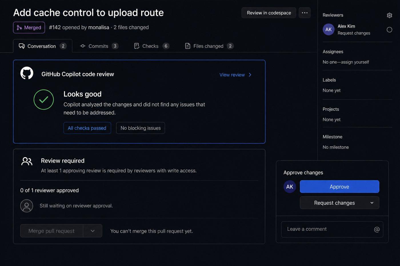 Copilot’s readiness assessment remains advisory until a separate approval affects the pull request’s merge requirement.
