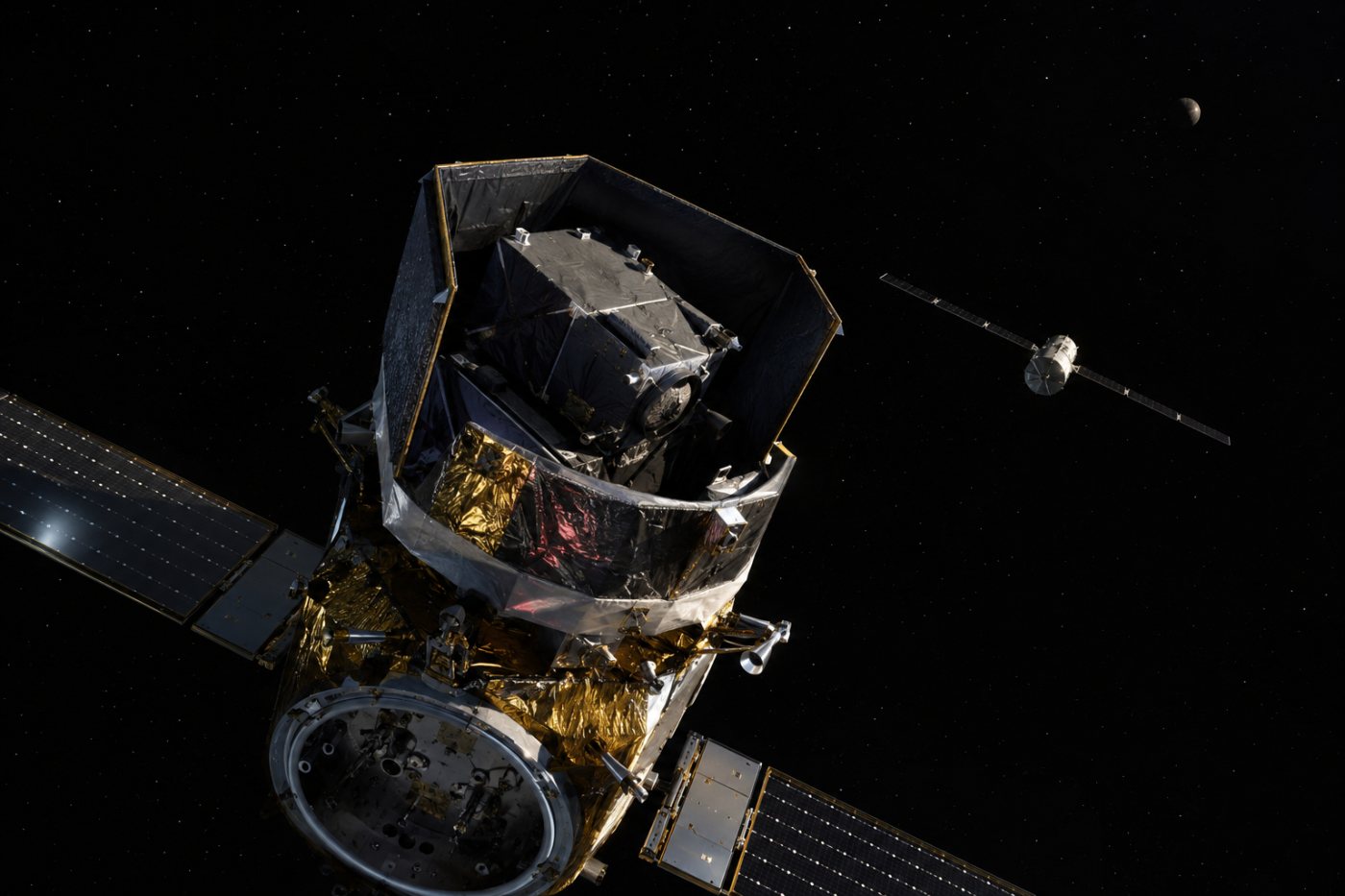 Der BepiColombo-Verbund aus MPO, Mio und Schutzstruktur fliegt nach der Abtrennung des Transfermoduls weiter.
