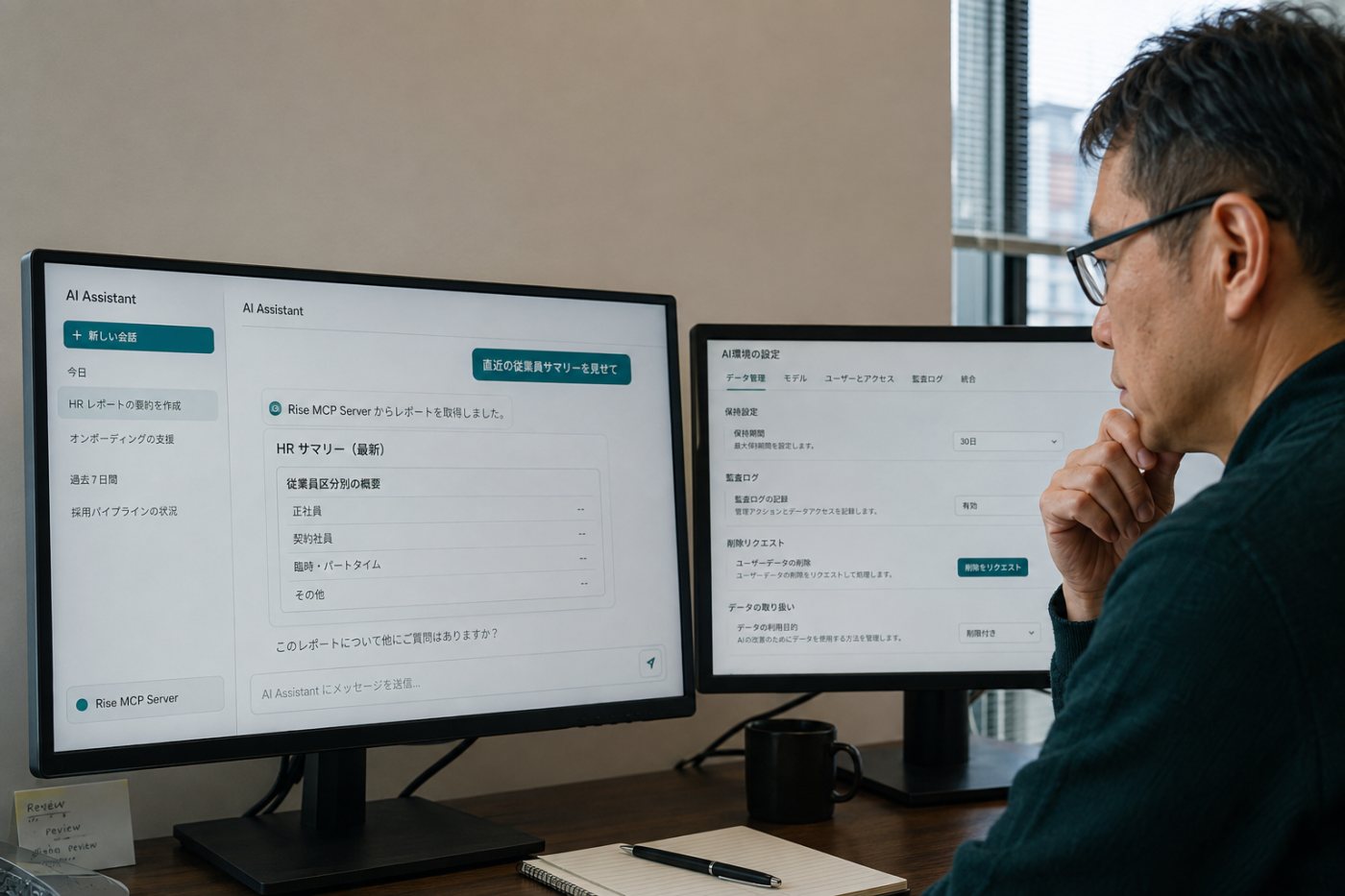 Riseから取得した人事レポートが外部AIのチャットに入り、管理者がデータ処理条件を確認する