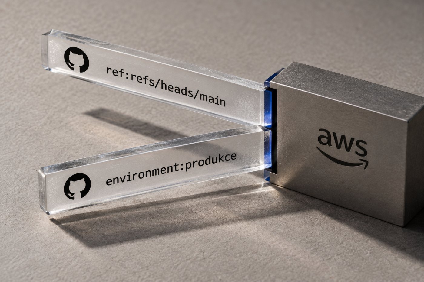 Podmínka sub v AWS IAM roli rozlišuje větev main a GitHub Environment produkce.
