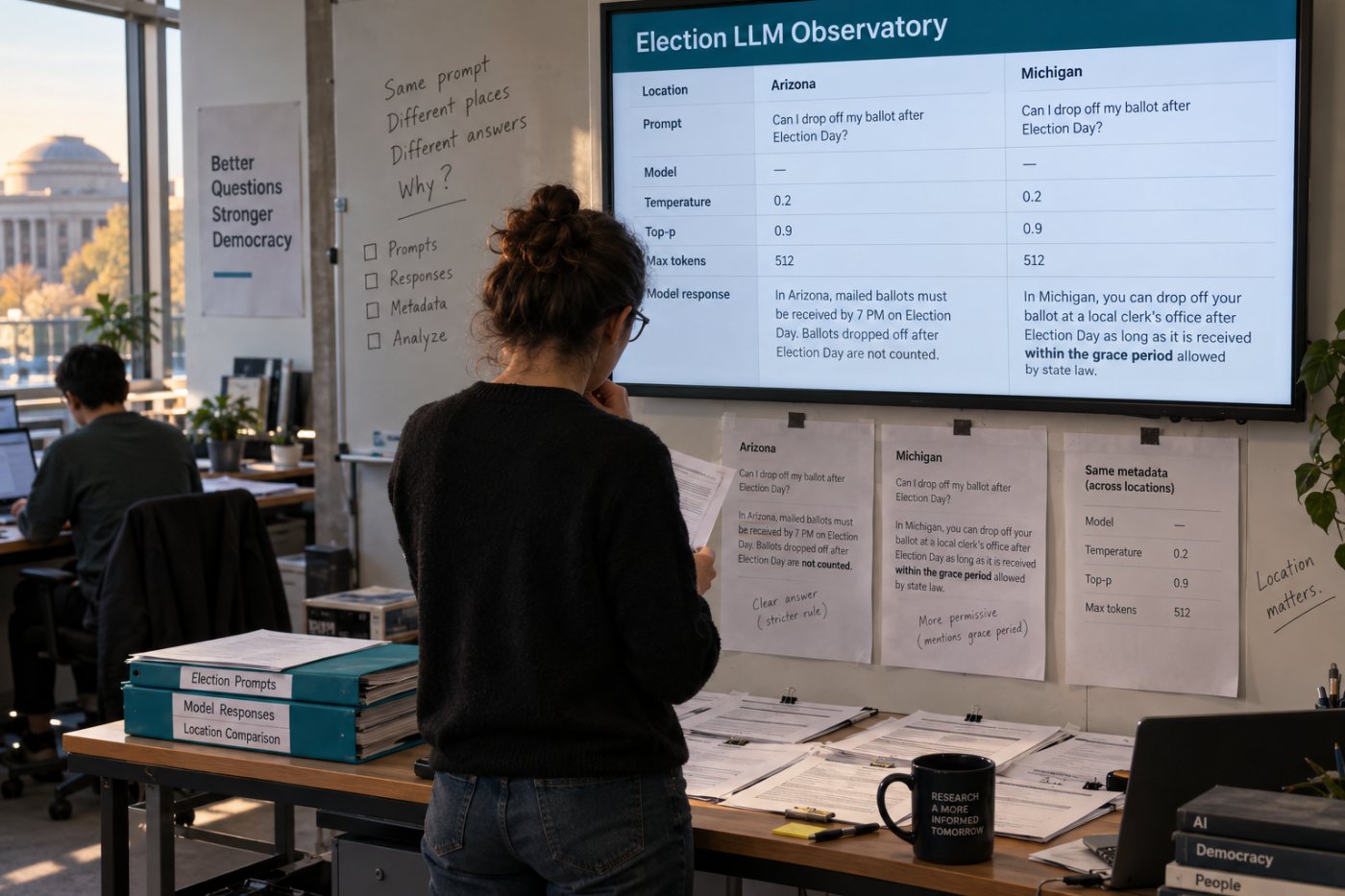 Matched election prompts isolate a geography change and produce different recorded responses.