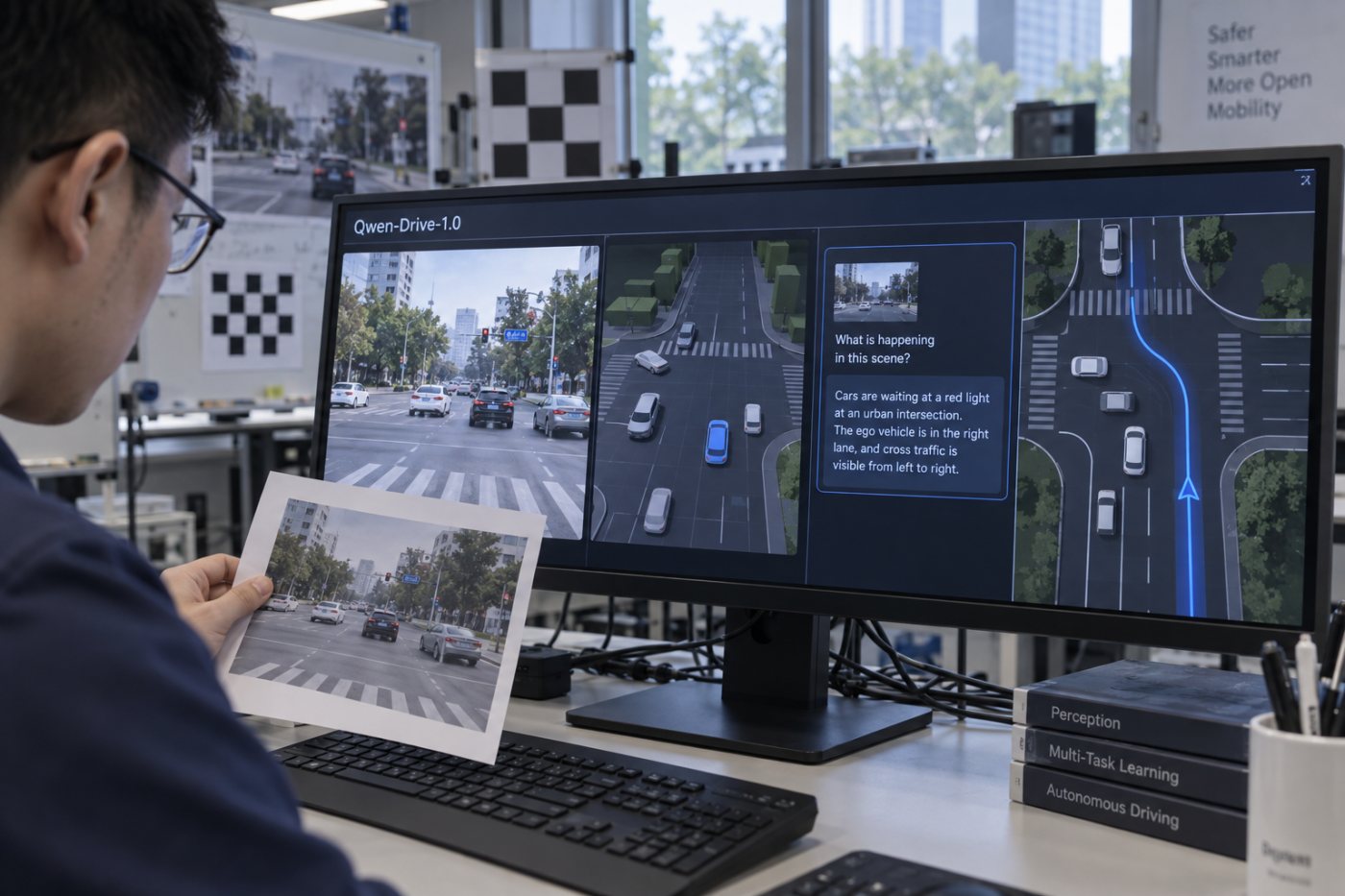 Qwen-Drive-1.0 mengolah masukan kamera menjadi persepsi 3D dan lintasan terpisah