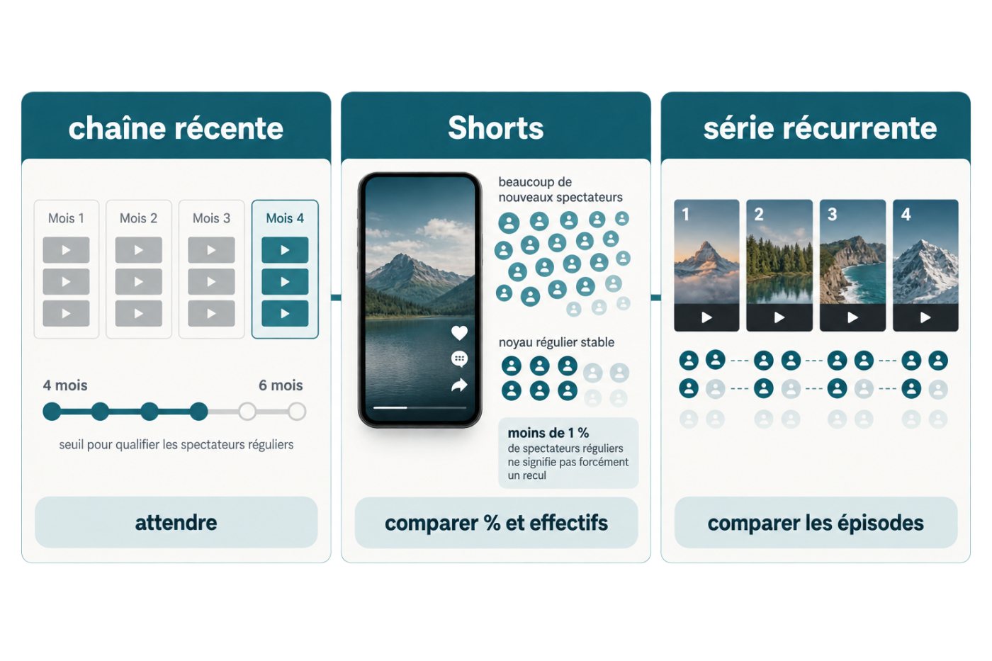 Trois diagnostics distincts pour une chaîne récente, une chaîne de Shorts et une série récurrente