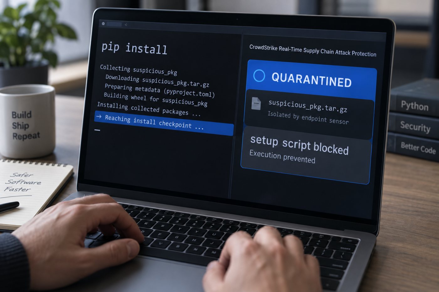 The Falcon sensor stops a suspicious PyPI package before its embedded installation script executes.