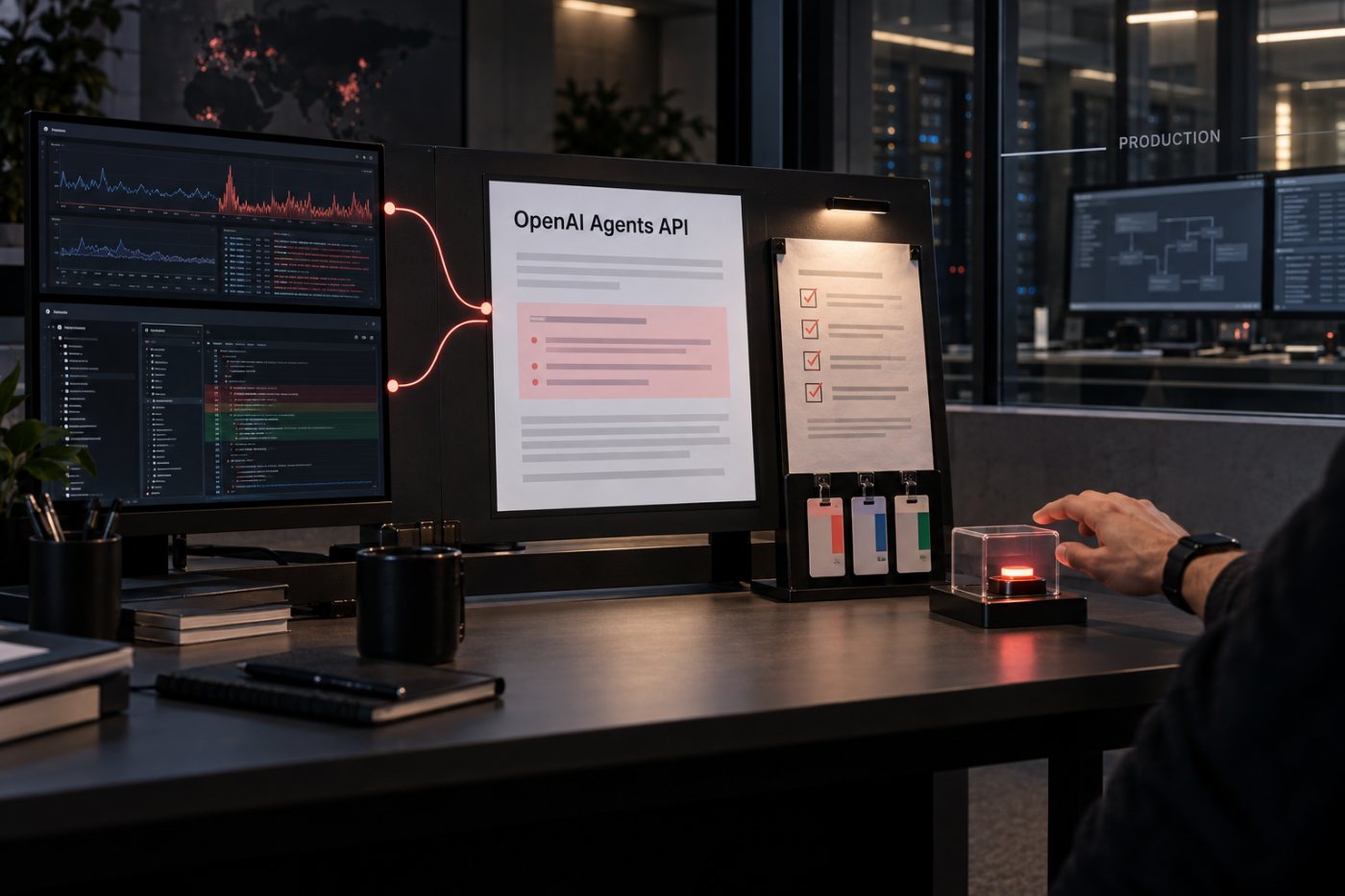 An Agents API investigation uses governed tools and hands a proposed mitigation to an operator