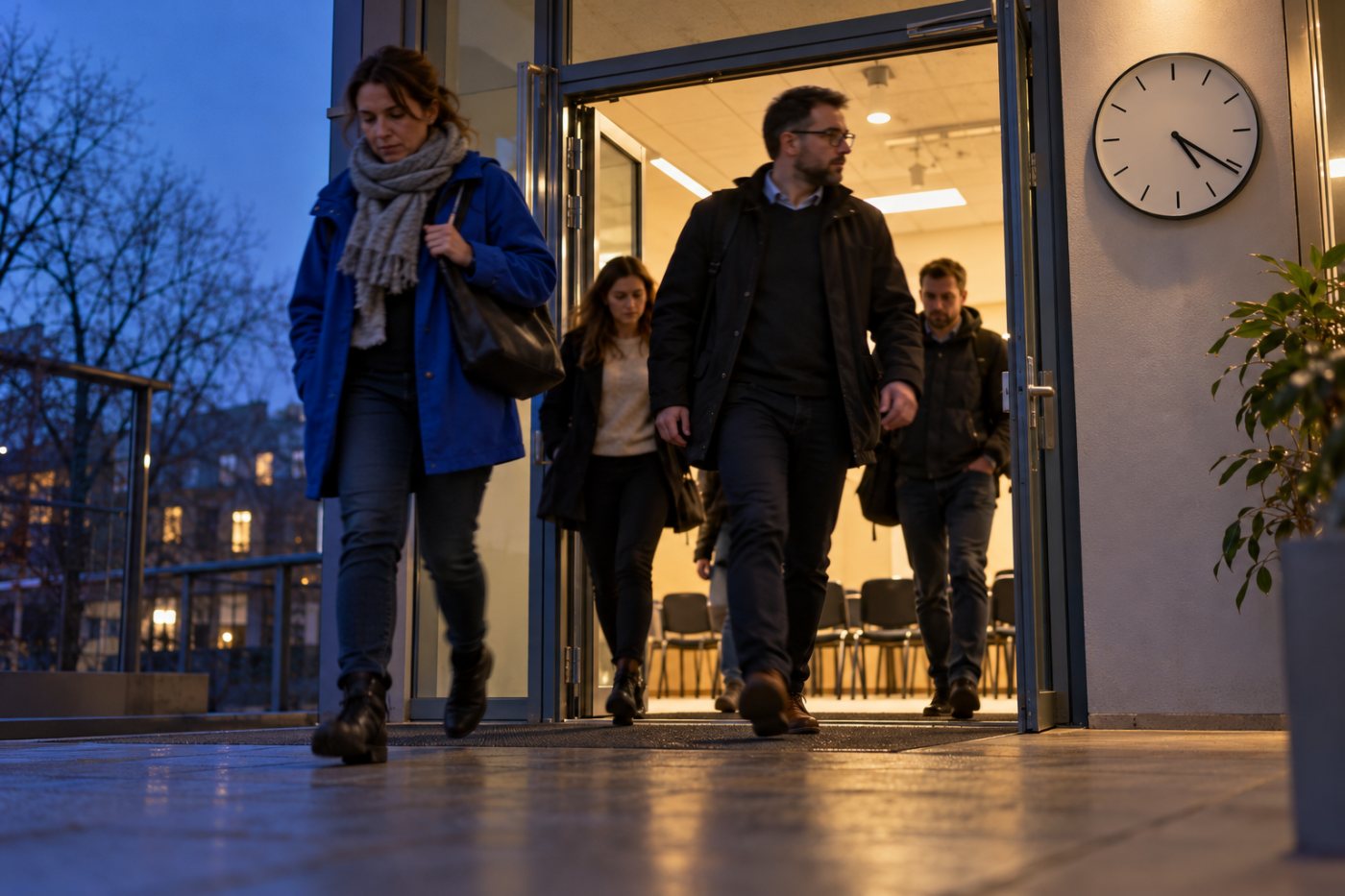Uczestnicy kończą wieczorne szkolenie; jego rzeczywisty czas należy uwzględnić w rozliczeniu pracy.
