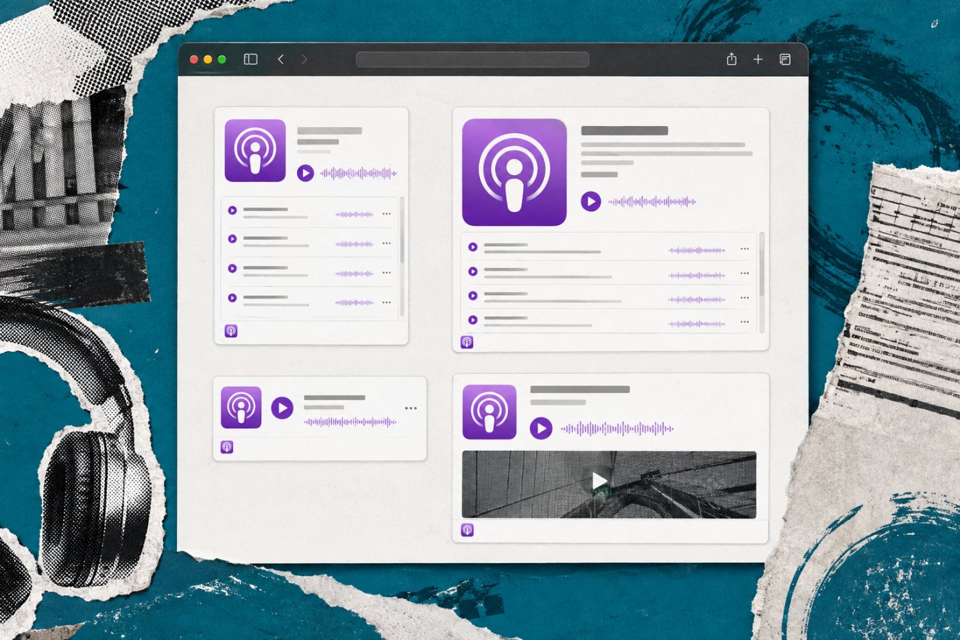 Bốn cấu hình Show và Episode của Apple Podcasts được đặt trong các vùng web có chiều cao tối thiểu khác nhau.