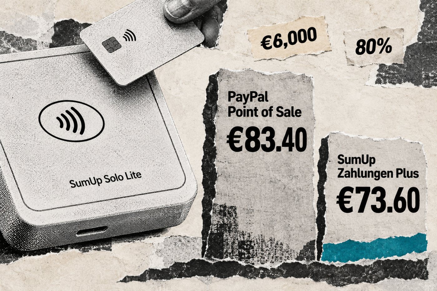 Bei 6.000 Euro Monatsumsatz und 80 Prozent begünstigten Karten kostet Zahlungen Plus im Rechenbeispiel 73,60 Euro gegenüber 83,40 Euro bei PayPal Point of Sale.