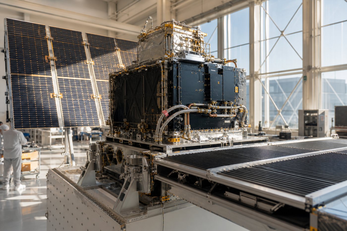 Plataforma orbital alimentada por paneles solares que disipa el calor de sus procesadores mediante radiadores